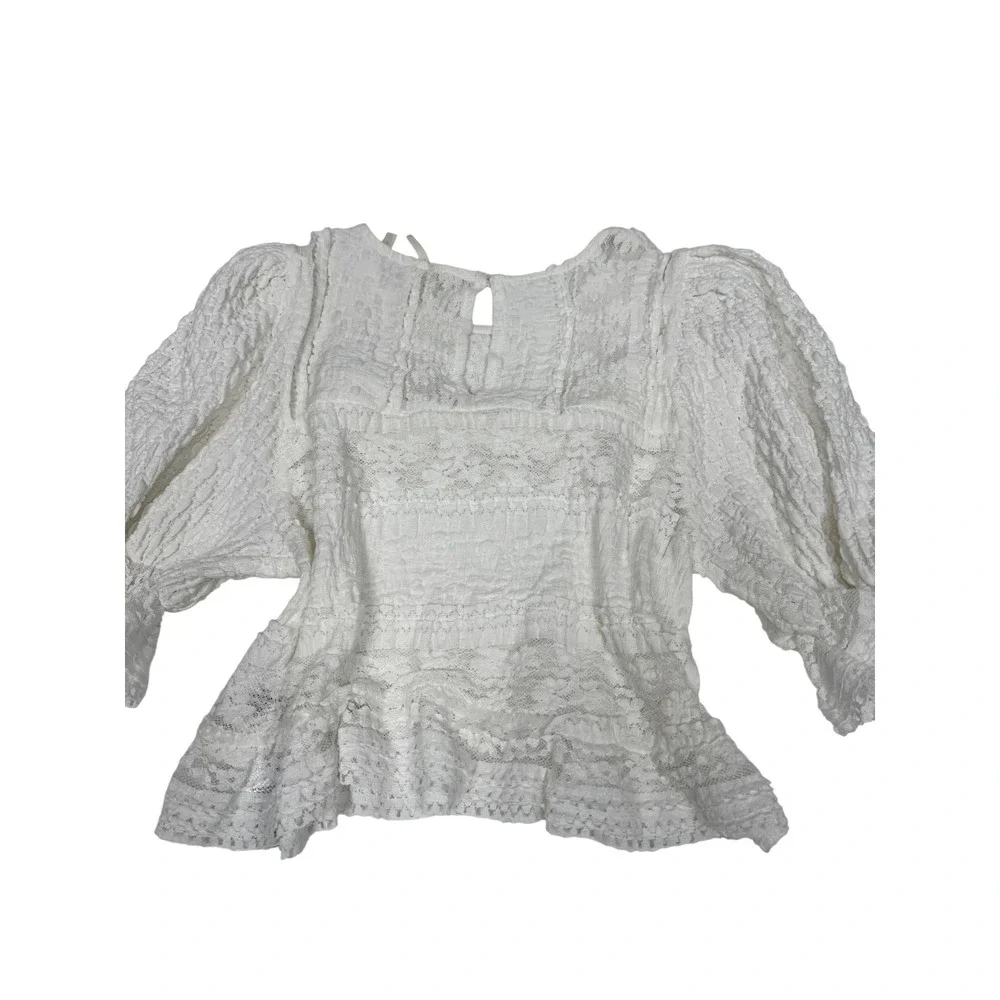 Anthropologie White Lace Puff Sleeve Smocked Ruffle Blouse Top XS